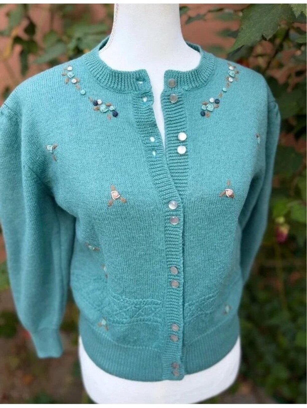 Dusty Aqua Rose Embroidered Vintage Sweater Size S (Measurements Below)